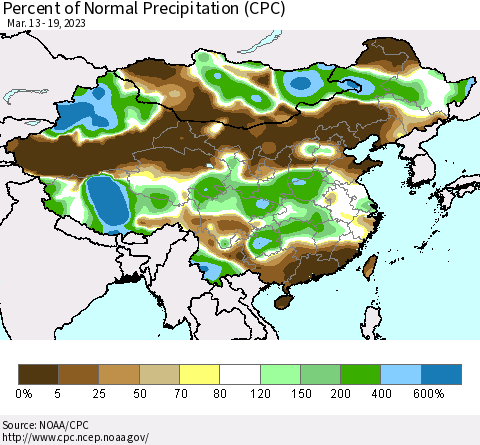 China, Mongolia and Taiwan Percent of Normal Precipitation (CPC) Thematic Map For 3/13/2023 - 3/19/2023
