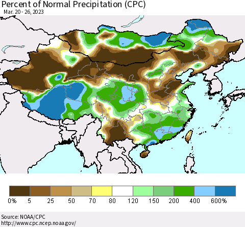 China, Mongolia and Taiwan Percent of Normal Precipitation (CPC) Thematic Map For 3/20/2023 - 3/26/2023