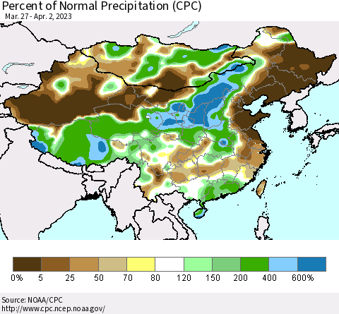 China, Mongolia and Taiwan Percent of Normal Precipitation (CPC) Thematic Map For 3/27/2023 - 4/2/2023