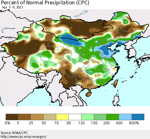 China, Mongolia and Taiwan Percent of Normal Precipitation (CPC) Thematic Map For 4/3/2023 - 4/9/2023