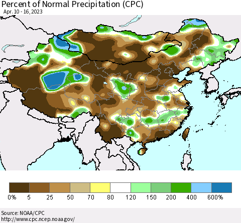China, Mongolia and Taiwan Percent of Normal Precipitation (CPC) Thematic Map For 4/10/2023 - 4/16/2023