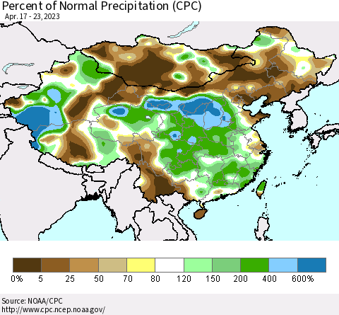 China, Mongolia and Taiwan Percent of Normal Precipitation (CPC) Thematic Map For 4/17/2023 - 4/23/2023