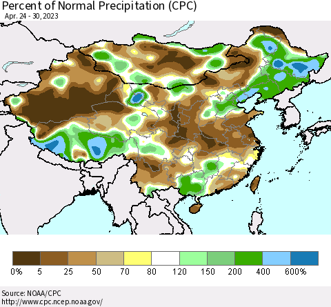 China, Mongolia and Taiwan Percent of Normal Precipitation (CPC) Thematic Map For 4/24/2023 - 4/30/2023