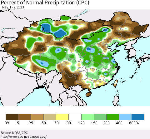 China, Mongolia and Taiwan Percent of Normal Precipitation (CPC) Thematic Map For 5/1/2023 - 5/7/2023