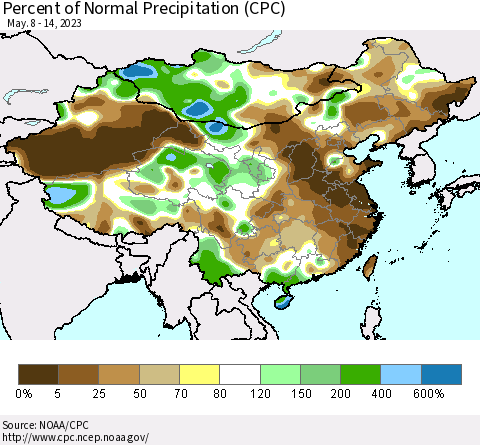 China, Mongolia and Taiwan Percent of Normal Precipitation (CPC) Thematic Map For 5/8/2023 - 5/14/2023