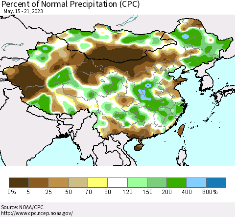 China, Mongolia and Taiwan Percent of Normal Precipitation (CPC) Thematic Map For 5/15/2023 - 5/21/2023