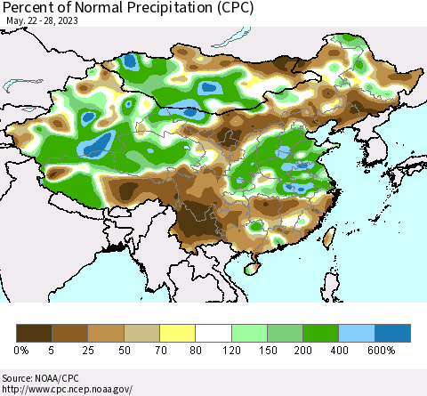 China, Mongolia and Taiwan Percent of Normal Precipitation (CPC) Thematic Map For 5/22/2023 - 5/28/2023