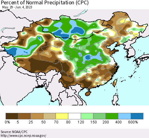 China, Mongolia and Taiwan Percent of Normal Precipitation (CPC) Thematic Map For 5/29/2023 - 6/4/2023