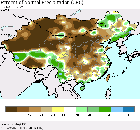 China, Mongolia and Taiwan Percent of Normal Precipitation (CPC) Thematic Map For 6/5/2023 - 6/11/2023