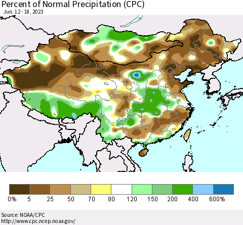 China, Mongolia and Taiwan Percent of Normal Precipitation (CPC) Thematic Map For 6/12/2023 - 6/18/2023
