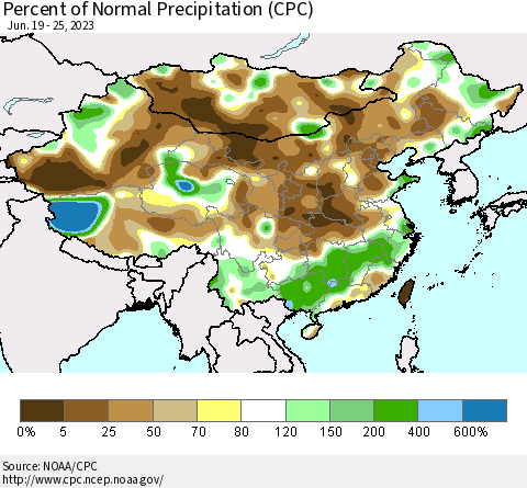 China, Mongolia and Taiwan Percent of Normal Precipitation (CPC) Thematic Map For 6/19/2023 - 6/25/2023