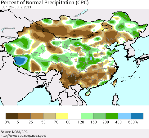 China, Mongolia and Taiwan Percent of Normal Precipitation (CPC) Thematic Map For 6/26/2023 - 7/2/2023