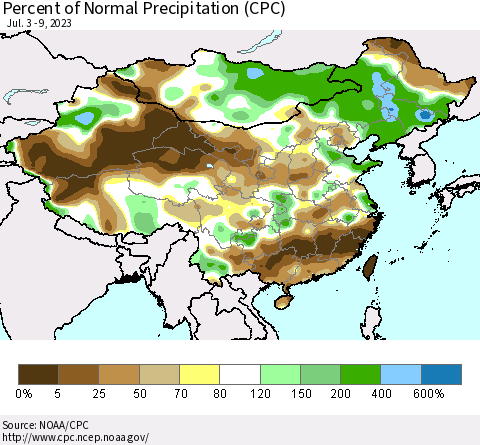 China, Mongolia and Taiwan Percent of Normal Precipitation (CPC) Thematic Map For 7/3/2023 - 7/9/2023