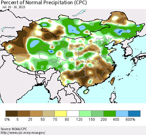 China, Mongolia and Taiwan Percent of Normal Precipitation (CPC) Thematic Map For 7/10/2023 - 7/16/2023
