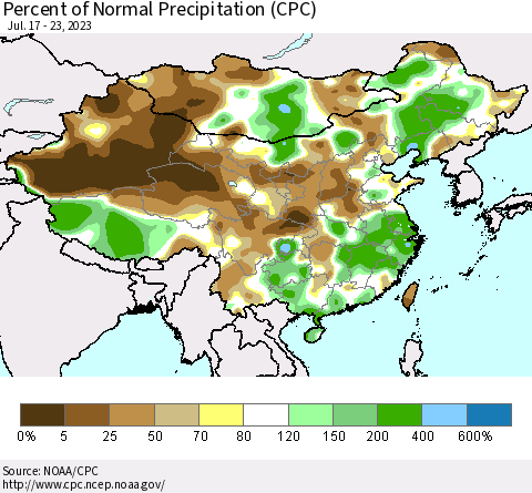 China, Mongolia and Taiwan Percent of Normal Precipitation (CPC) Thematic Map For 7/17/2023 - 7/23/2023