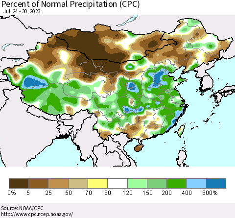 China, Mongolia and Taiwan Percent of Normal Precipitation (CPC) Thematic Map For 7/24/2023 - 7/30/2023