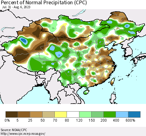 China, Mongolia and Taiwan Percent of Normal Precipitation (CPC) Thematic Map For 7/31/2023 - 8/6/2023