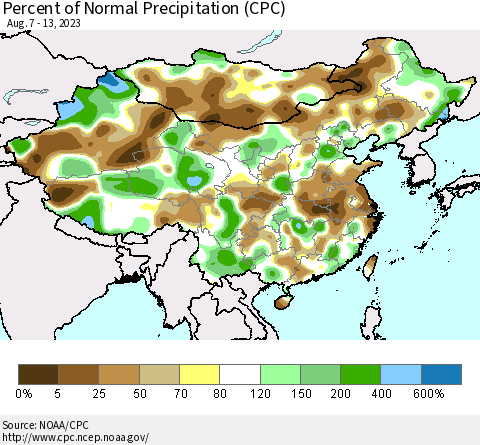 China, Mongolia and Taiwan Percent of Normal Precipitation (CPC) Thematic Map For 8/7/2023 - 8/13/2023