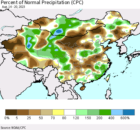 China, Mongolia and Taiwan Percent of Normal Precipitation (CPC) Thematic Map For 8/14/2023 - 8/20/2023