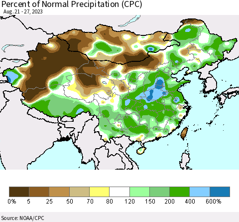 China, Mongolia and Taiwan Percent of Normal Precipitation (CPC) Thematic Map For 8/21/2023 - 8/27/2023