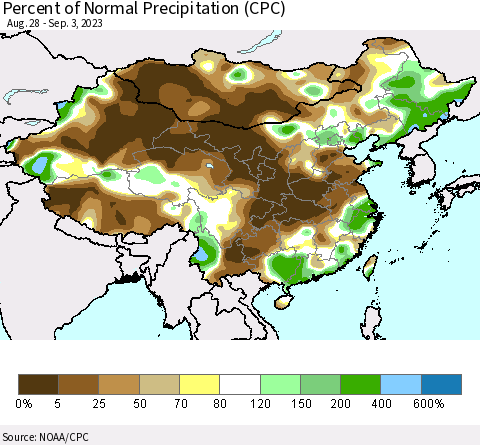 China, Mongolia and Taiwan Percent of Normal Precipitation (CPC) Thematic Map For 8/28/2023 - 9/3/2023