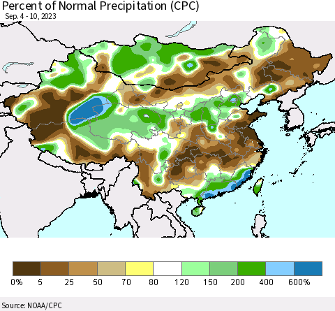 China, Mongolia and Taiwan Percent of Normal Precipitation (CPC) Thematic Map For 9/4/2023 - 9/10/2023