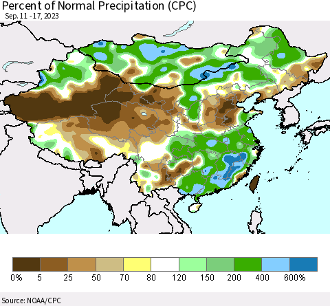 China, Mongolia and Taiwan Percent of Normal Precipitation (CPC) Thematic Map For 9/11/2023 - 9/17/2023