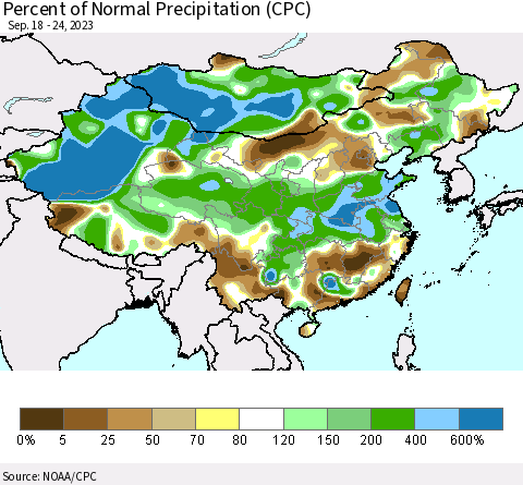 China, Mongolia and Taiwan Percent of Normal Precipitation (CPC) Thematic Map For 9/18/2023 - 9/24/2023