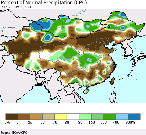China, Mongolia and Taiwan Percent of Normal Precipitation (CPC) Thematic Map For 9/25/2023 - 10/1/2023