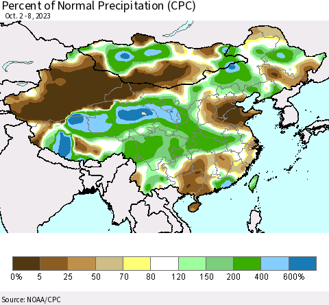 China, Mongolia and Taiwan Percent of Normal Precipitation (CPC) Thematic Map For 10/2/2023 - 10/8/2023
