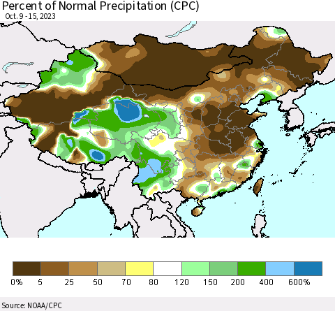 China, Mongolia and Taiwan Percent of Normal Precipitation (CPC) Thematic Map For 10/9/2023 - 10/15/2023