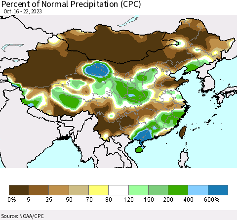 China, Mongolia and Taiwan Percent of Normal Precipitation (CPC) Thematic Map For 10/16/2023 - 10/22/2023