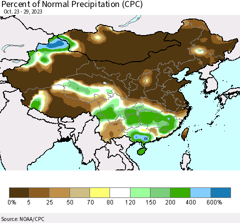China, Mongolia and Taiwan Percent of Normal Precipitation (CPC) Thematic Map For 10/23/2023 - 10/29/2023