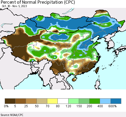 China, Mongolia and Taiwan Percent of Normal Precipitation (CPC) Thematic Map For 10/30/2023 - 11/5/2023