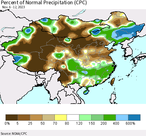China, Mongolia and Taiwan Percent of Normal Precipitation (CPC) Thematic Map For 11/6/2023 - 11/12/2023