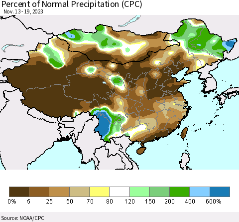 China, Mongolia and Taiwan Percent of Normal Precipitation (CPC) Thematic Map For 11/13/2023 - 11/19/2023
