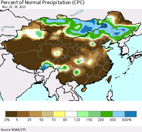 China, Mongolia and Taiwan Percent of Normal Precipitation (CPC) Thematic Map For 11/20/2023 - 11/26/2023