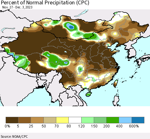 China, Mongolia and Taiwan Percent of Normal Precipitation (CPC) Thematic Map For 11/27/2023 - 12/3/2023