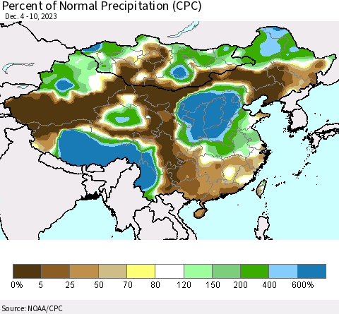 China, Mongolia and Taiwan Percent of Normal Precipitation (CPC) Thematic Map For 12/4/2023 - 12/10/2023