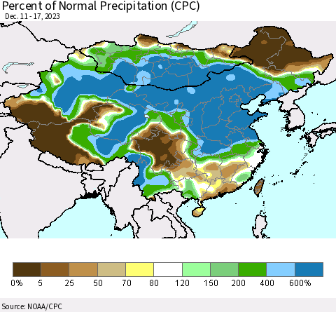 China, Mongolia and Taiwan Percent of Normal Precipitation (CPC) Thematic Map For 12/11/2023 - 12/17/2023