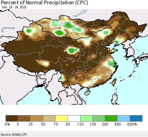China, Mongolia and Taiwan Percent of Normal Precipitation (CPC) Thematic Map For 12/18/2023 - 12/24/2023