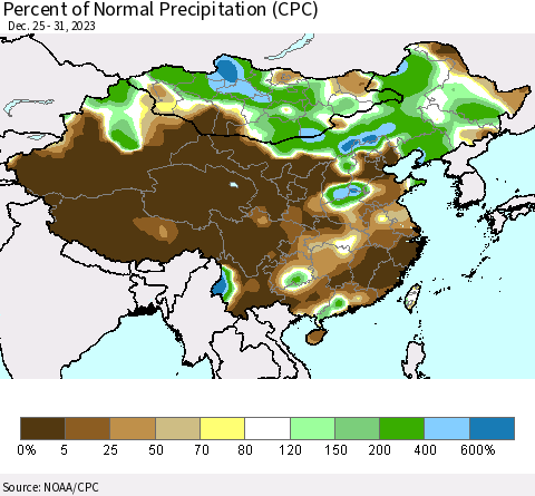 China, Mongolia and Taiwan Percent of Normal Precipitation (CPC) Thematic Map For 12/25/2023 - 12/31/2023
