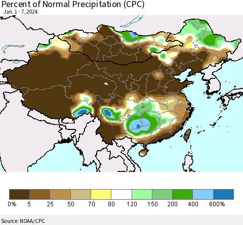 China, Mongolia and Taiwan Percent of Normal Precipitation (CPC) Thematic Map For 1/1/2024 - 1/7/2024