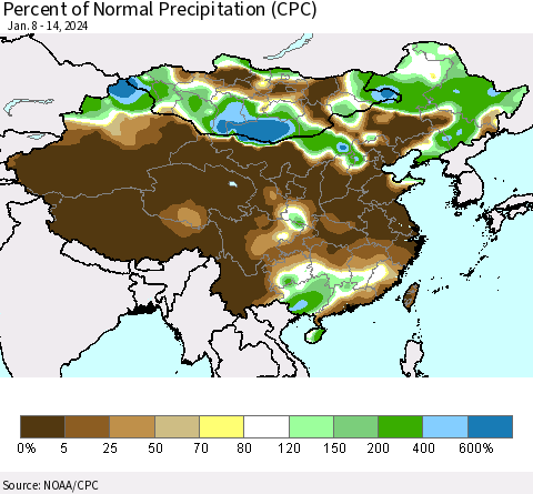 China, Mongolia and Taiwan Percent of Normal Precipitation (CPC) Thematic Map For 1/8/2024 - 1/14/2024