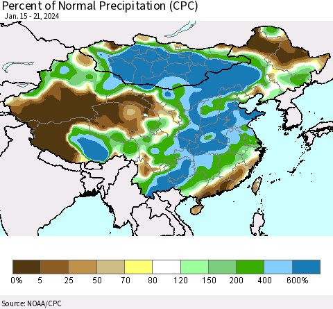 China, Mongolia and Taiwan Percent of Normal Precipitation (CPC) Thematic Map For 1/15/2024 - 1/21/2024