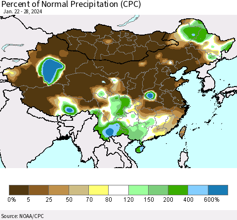China, Mongolia and Taiwan Percent of Normal Precipitation (CPC) Thematic Map For 1/22/2024 - 1/28/2024