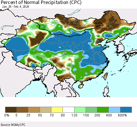 China, Mongolia and Taiwan Percent of Normal Precipitation (CPC) Thematic Map For 1/29/2024 - 2/4/2024