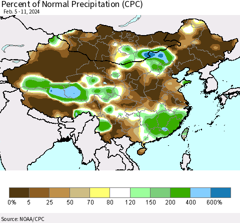 China, Mongolia and Taiwan Percent of Normal Precipitation (CPC) Thematic Map For 2/5/2024 - 2/11/2024