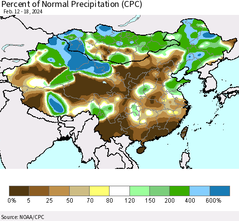 China, Mongolia and Taiwan Percent of Normal Precipitation (CPC) Thematic Map For 2/12/2024 - 2/18/2024
