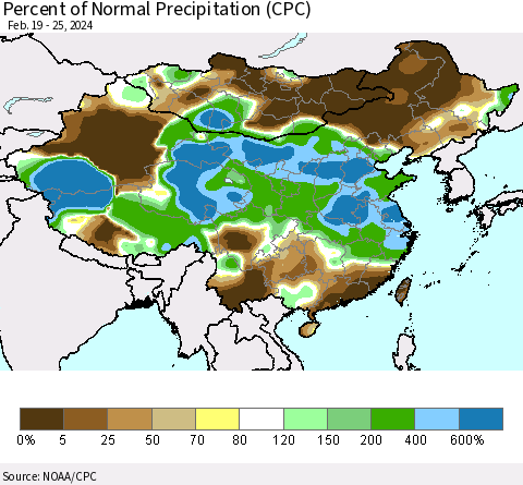 China, Mongolia and Taiwan Percent of Normal Precipitation (CPC) Thematic Map For 2/19/2024 - 2/25/2024
